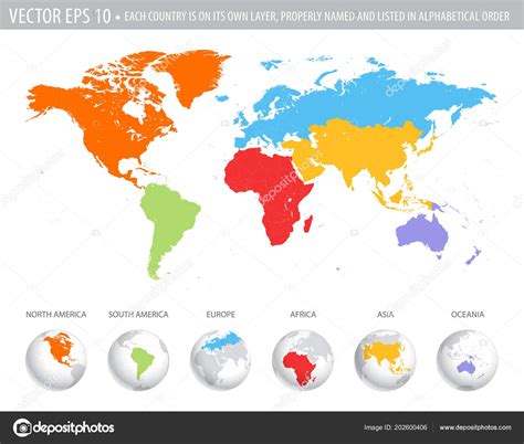 Vector Colorful World Map All Continents Different Colors Earth Globe