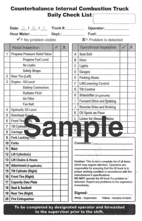 No records shall be kept on a tag or label attached to the fire extinguisher, on an inspection checklist maintained on file, or in an. Propane Counterbalance Forklift Daily Checklist Caddy ...
