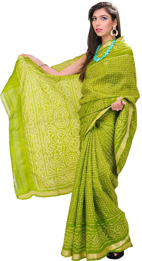 Parrot Green Bandhani Tie Dye Gharchola Sari From Gujrat With Golden