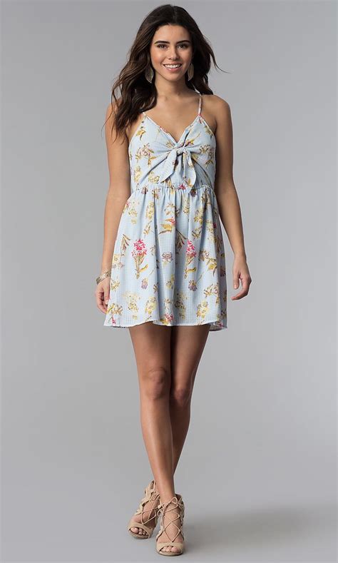 short floral print casual dress with knotted bodice