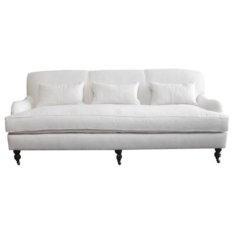 Custom Made White Linen English Arm Rolled Back Sofa With Casters At