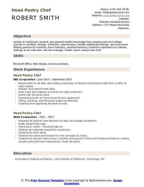 Head Pastry Chef Resume Samples Qwikresume