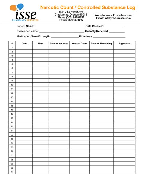 Printable Controlled Substance Inventory Log Printable Templates