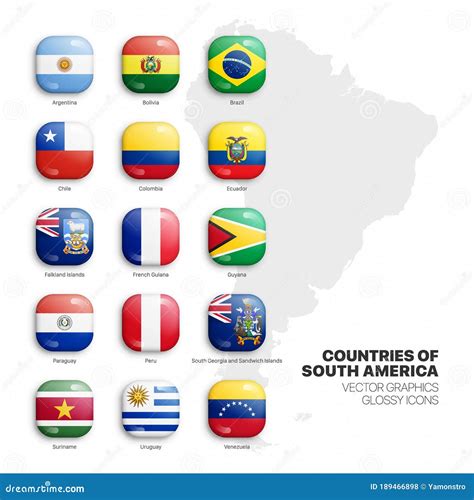 South America Countries Flags Vector 3d Glossy Icons Set Isolated On