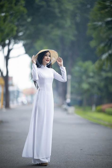 Ao Dai Fashion Woman Vietnamese Vietnam National Dress White Ao Dai Conical Hat