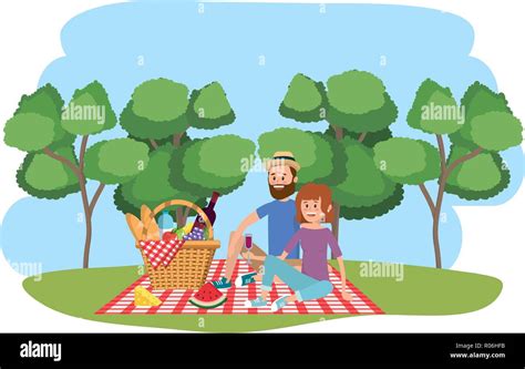 Young Couple Having Picnic Cartoon Scenery Vector Illustration Graphic