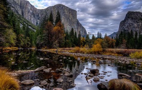 Image Yosemite Usa Crag Autumn Nature Forest Rivers Stones