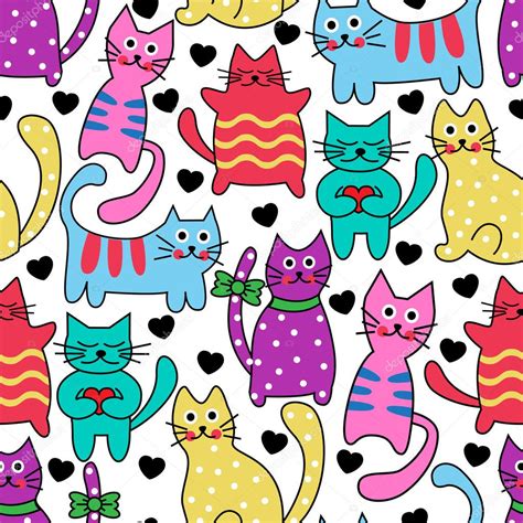 Dibujos Animados Gatos Coloridos Sin Costura Vector De Stock De