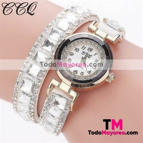 Reloj Pulsera Diamantes Blanco Extensible Piel Sintetica Doble Aro