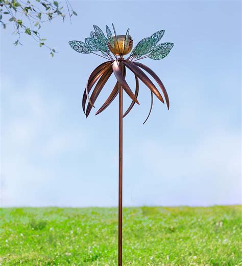 Patina Leaves And Bronze Colored Swirls Metal Wind Spinner With Golden