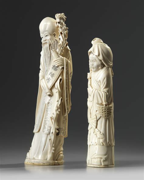 A Large Chinese Ivory Carving Of A Fisherwoman And A Shoulao Oaa