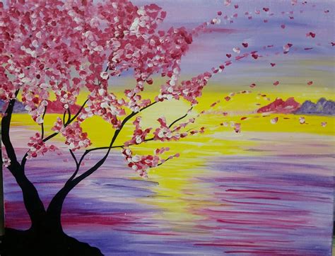 An Acrylic Painting Of A Pink Tree By The Water