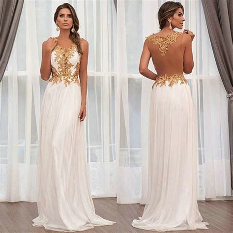 2016 White Chiffon Gold Lace Prom Dresses Sheer V Neck Appliques Long