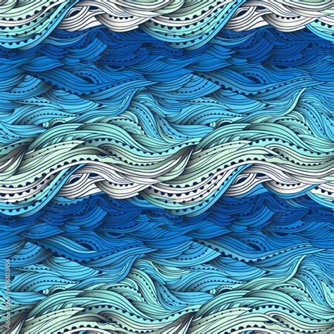 Abstract Seamless Water Pattern Hand Drawn Waves Vector Blue Wave