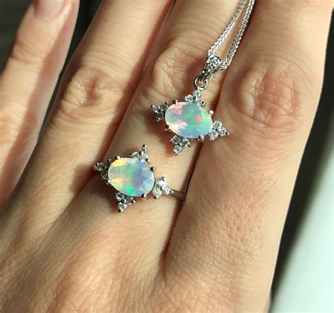 Opal Celestial Engagement White Gold Ring Opal Diamond Necklace