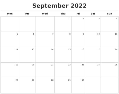September 2022 Calendar Maker