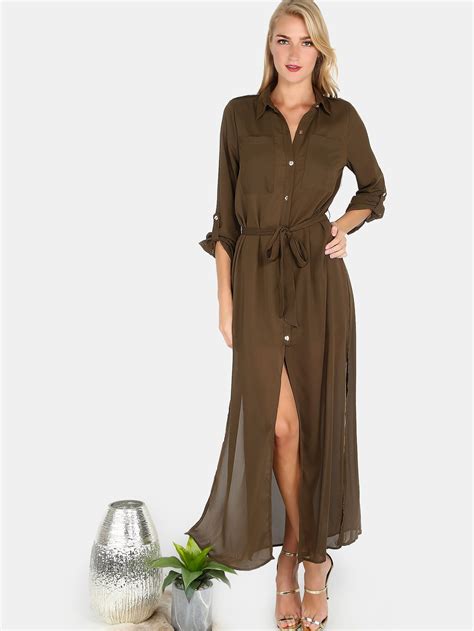 Collared Button Down Belted Maxi Dress Olive Maxi Dress Brown Maxi