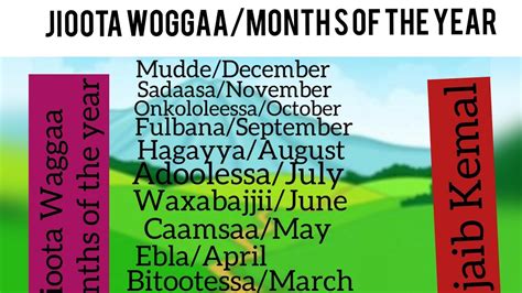 Months Of The Year In Afaan Oromo And Englishjioota Woggaa Afaan