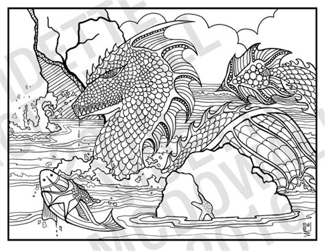water dragon  printable adult coloring page etsy