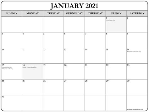 Blank, editable and easy to print. January 2021 calendar with holidays