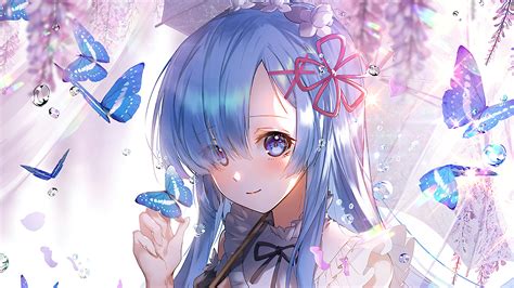 Anime Girl Butterfly Rem Maid Long Hair Re Rem Long Hair