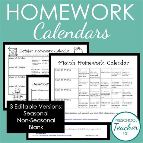 Printable Preschool Homework Calendars Homework Calendar Preschool