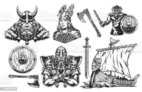 Ilustración De Conjunto De Elementos Vintage Vikings Y Más Vectores