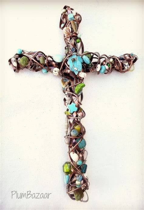 Handmade Wire Wrapped Beaded Cross Wall Decor Brown And Etsy