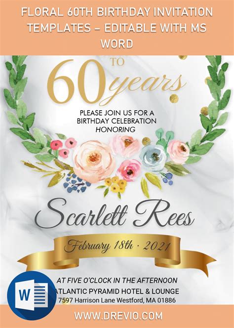 Floral 60th Birthday Invitation Templates Editable With Ms Word