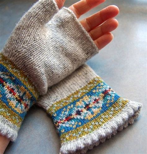 Knit To Order Fair Isle Fingerless Gloves Grey Tweed Wool Blue Navy Red