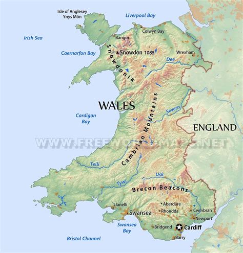 Map showing major roads, cites and towns. Wales Physical Map