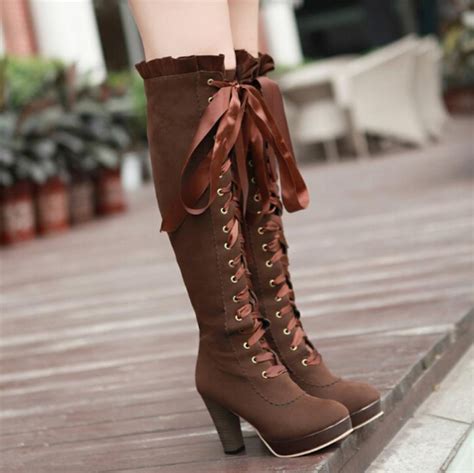 Cute Lace Up Knee High Boots High Heeled Boots · Women Fashion · Online