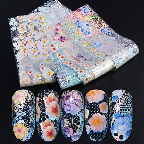 16pcs nail foil set with transfer glue white lace holographic flowers sticker nail art uv gel