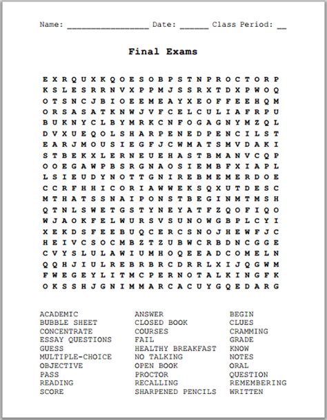 Final Exams Free Printable Word Search Puzzle Student Handouts