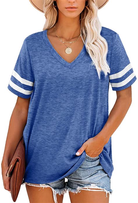 Onlyshe Summer Short Sleeve Tops For Women Color Block Casual Tunic V Neck Cute Striped T Shirts