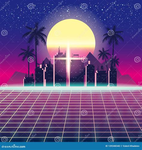 Synthwave Retro Futuristic Landscape With City Palms Sun Stars And