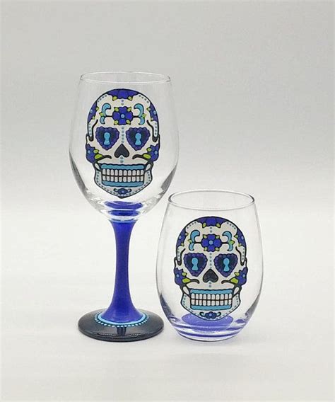 Blue Sugar Skull Hand Painted Wine Glass Stemmed Or Stemless Etsy Paint Wine Glass Stem