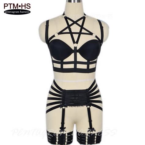 pentagram harness womens goth bondage lingerie garter belt black elastic strappy body cage