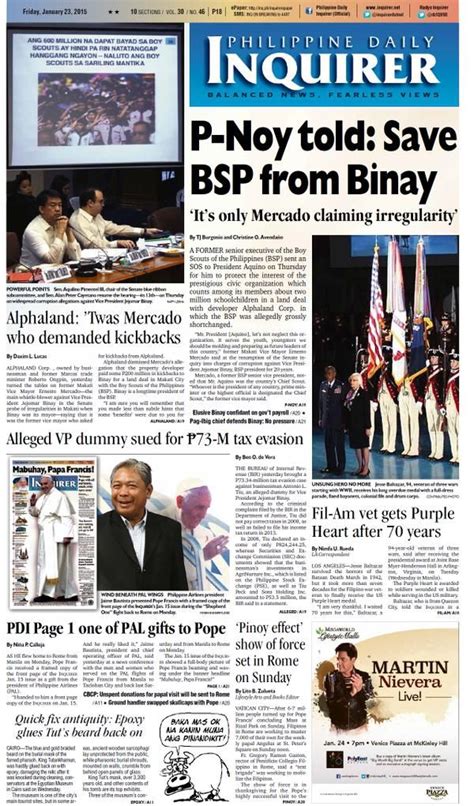 Front Page Of The Philippine Daily Inquirer January 23 2015
