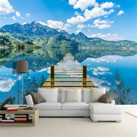 Custom Size Mural Wallpaper Sky Clouds Wooden Bridge Lake