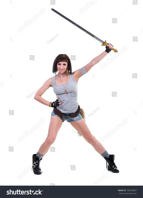 Young Warrior Woman Holding Sword Isolated Stock Photo 184034867