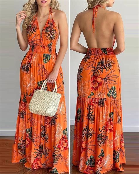Tropical Print Halter Backless Maxi Dress