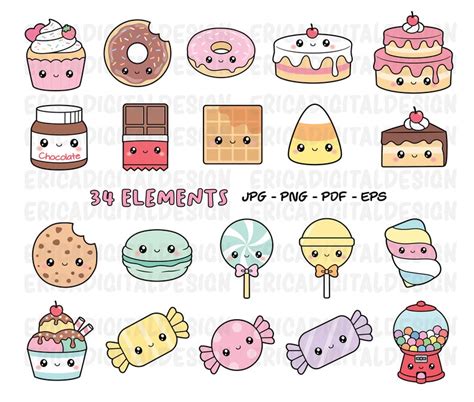 Kawaii Sweets Clipart Cute Sweet Candy Clipart Food Cake Donut Etsy