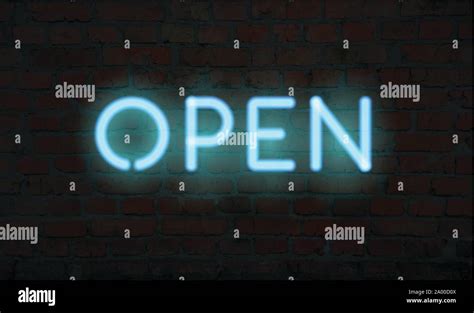 Neon Open Realistic Vector Letters On The Illuminated Brick Wall Stock Vector Image And Art Alamy