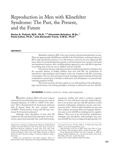 Pdf Reproduction In Men With Klinefelter Syndrome The Past The