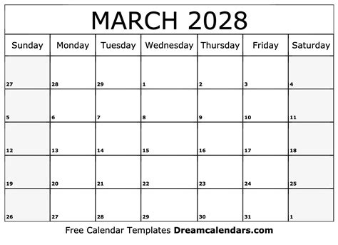 March 2028 Calendar Free Printable With Holidays And Observances