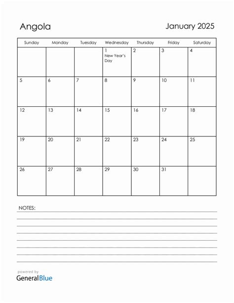 January 2025 Angola Calendar With Holidays