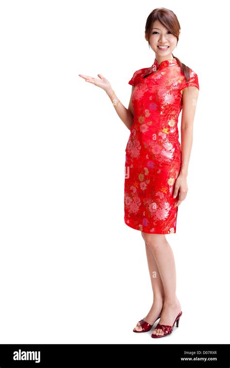 Asian Chinese Woman In Traditional Chinese Cheongsam Gesturing Stock