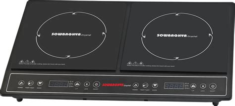 It minimizes energy consumption by avoiding heat loss in unnecessary areas while constantly monitoring and controlling the temperatures and with 90% efficiency. Sowbaghya Crystal Double Burner Induction Cooktop - Buy ...