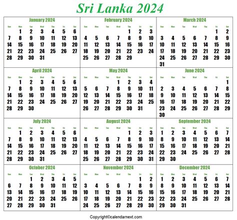 Printable Sri Lanka 2024 Calendar Template With Holidays